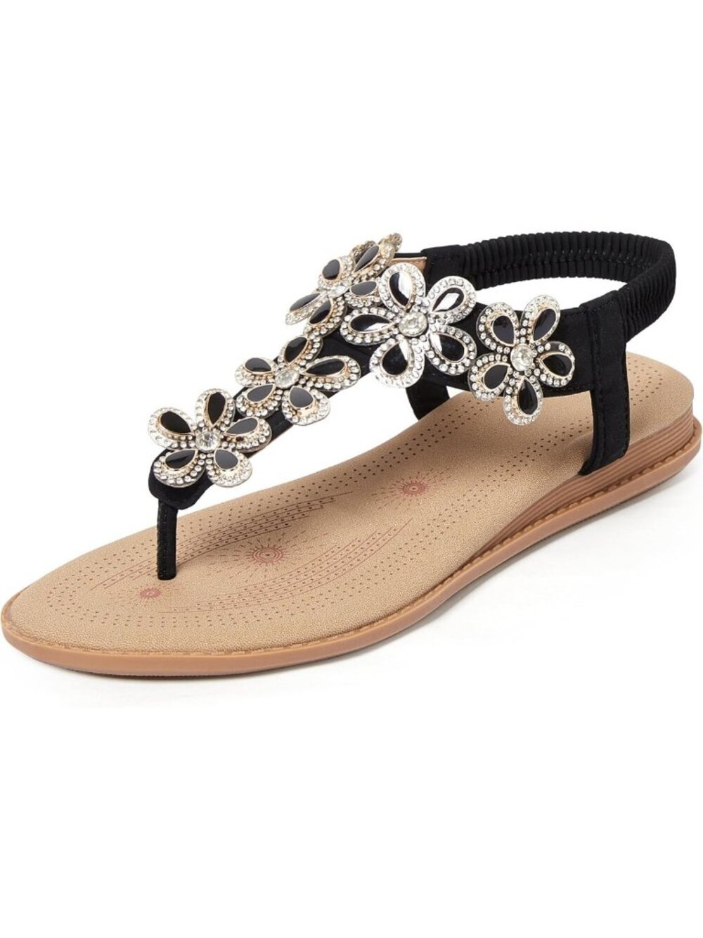 Sparkly Rhinestone Flat Thong Sandals for Women - Boho Style with Elastic Ankle